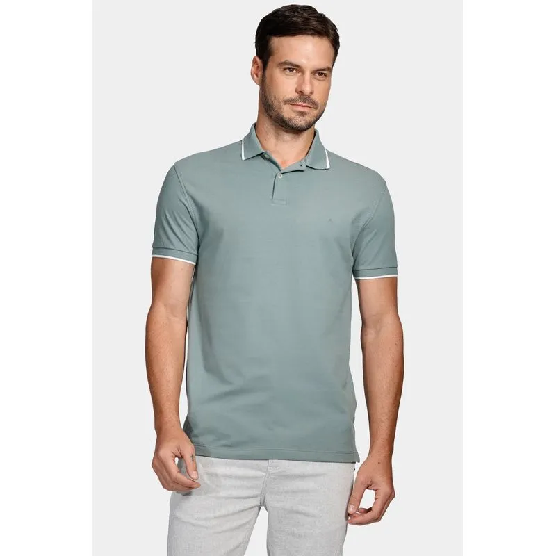 Polo Manga Curta Classic 1 Friso Verde Eucalipto Com Off - G
