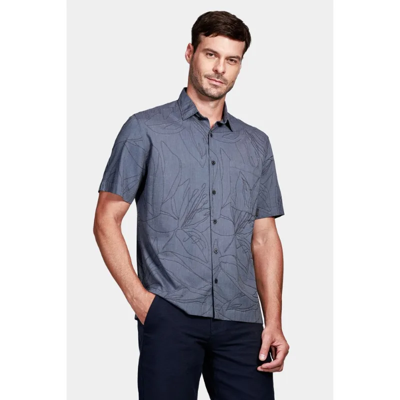 Camisa Manga Curta Move Regular Ampla em Jaccquard Floral Com Bolso Marinho - XXG