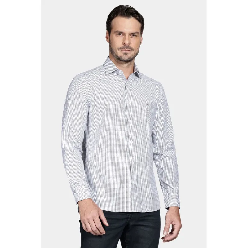 Camisa Manga Longa Slim Algodão Quadriculado Branco Com Preto - XGG