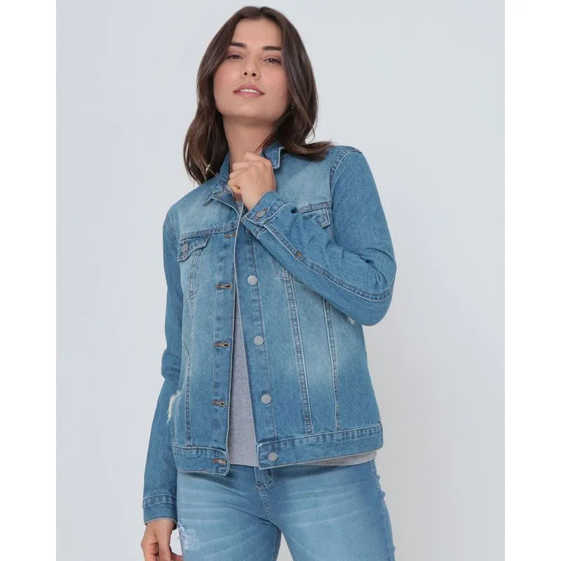 Jaqueta Jeans Feminina Destroyed Azul GG