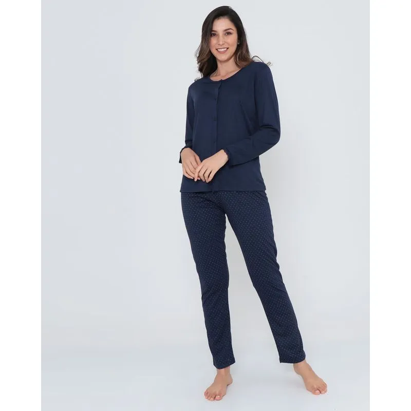 Pijama Feminino Longo Com Botões Azul Marinho P