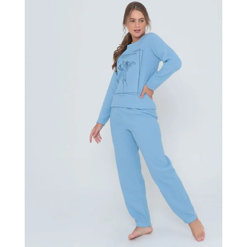 Pijama Longo Malha Soft Estampado Azul Claro G