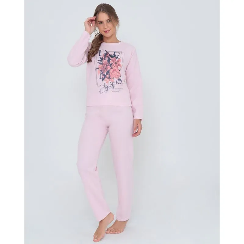 Pijama Longo Malha Soft Estampado Rosa Claro M