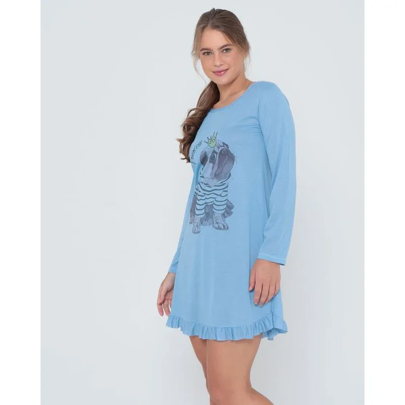 Camisola Com Babados Estampada Azul Claro M
