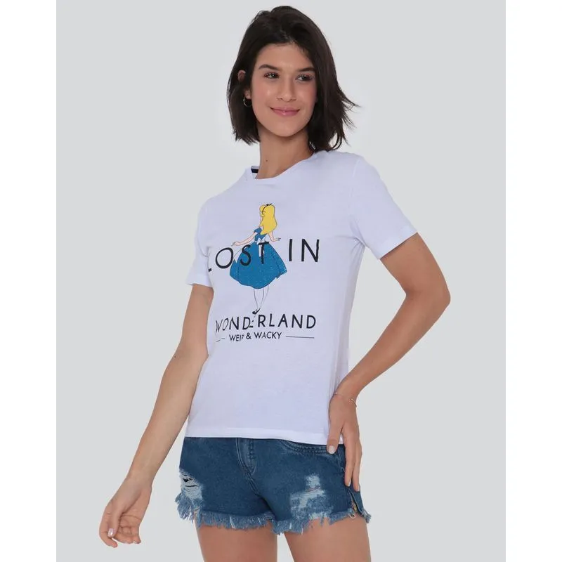 Camiseta Feminina Algodão Disney Alice Manga Curta Branca M