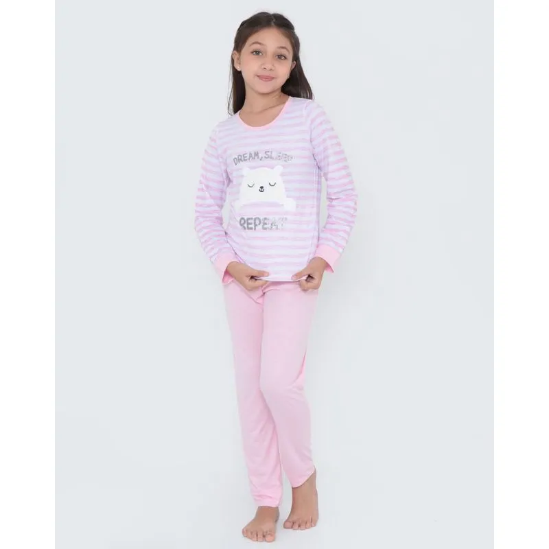 Pijama Longo Infantil Ursinho de Pelúcia Listrado Rosa Claro 14
