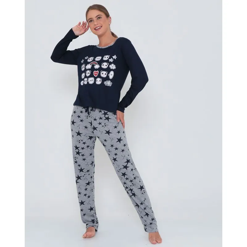 Pijama Longo Estampa Pandas Azul Marinho P