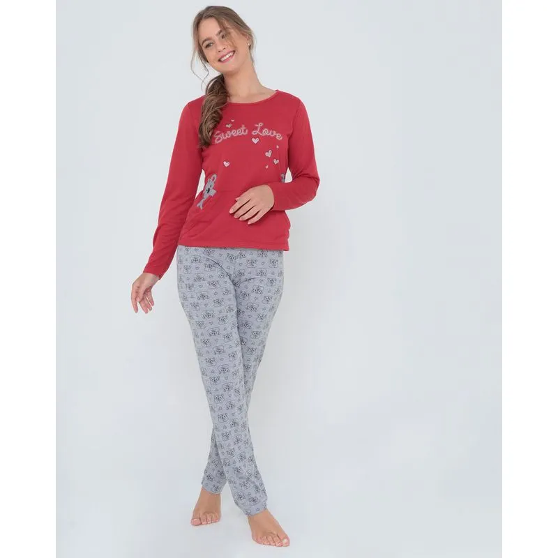 Pijama Longo Estampa Koala Com Brilho Vermelho M