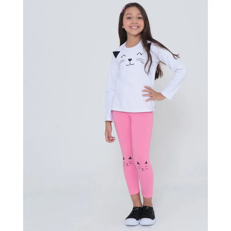 Conjunto Infantil Manga Longa Gatinho Branco 10