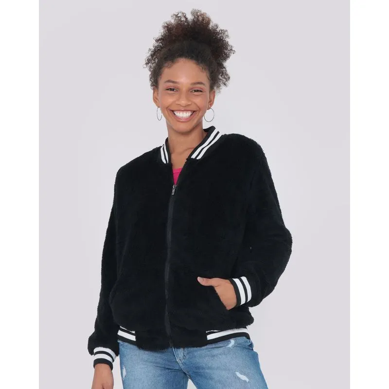 Jaqueta Feminina Bomber Zíper Pelúcia Preta GG