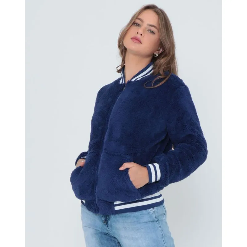 Jaqueta Feminina Bomber Zíper Pelúcia Azul P