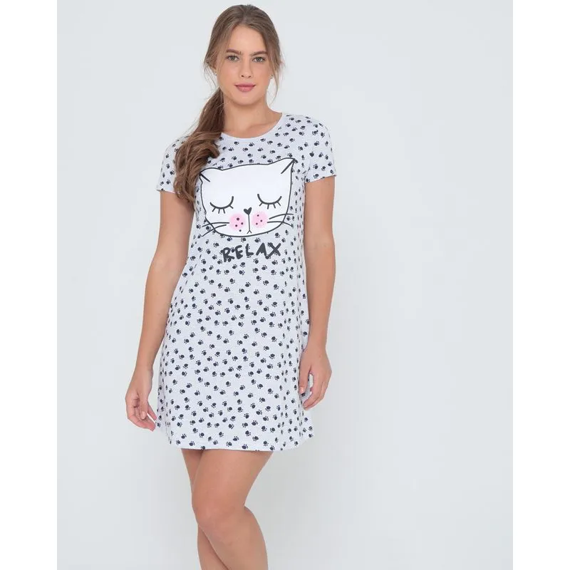 Camisola Manga Curta Gatinho Cinza Claro P