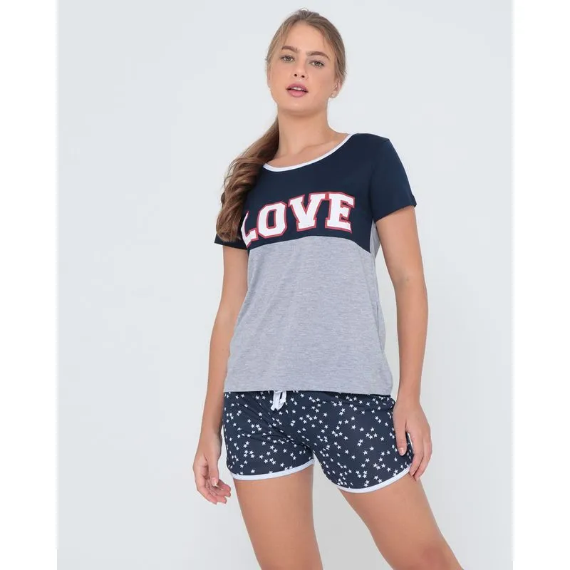 Pijama Manga Curta Love Azul Marinho GG