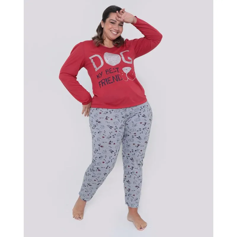 Pijama Longo Plus Size Estampa Dog Vermelho G2