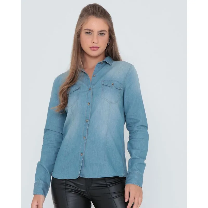 Camisa Jeans Feminina Bolsos Azul M