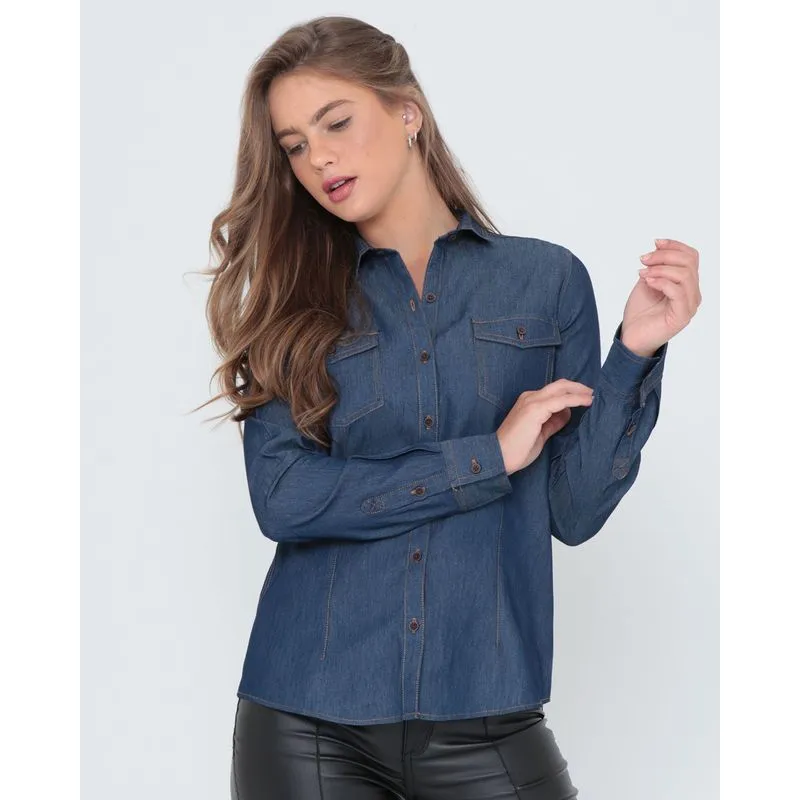Camisa Jeans Feminina Bolsos Azul Escuro M