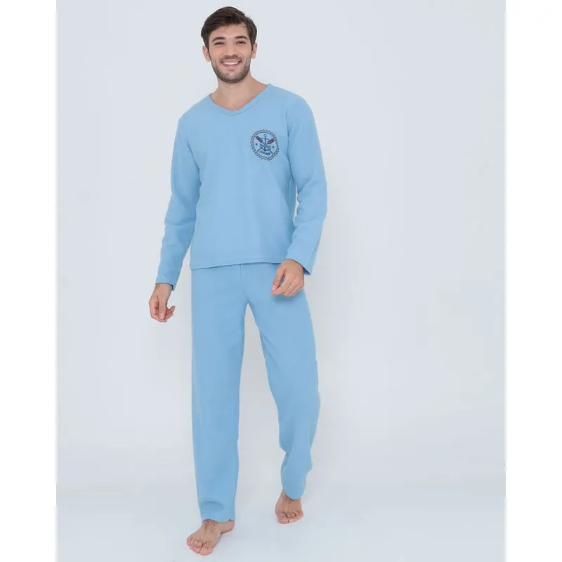 Pijama Masculino Longo Malha Soft Estampado Azul P