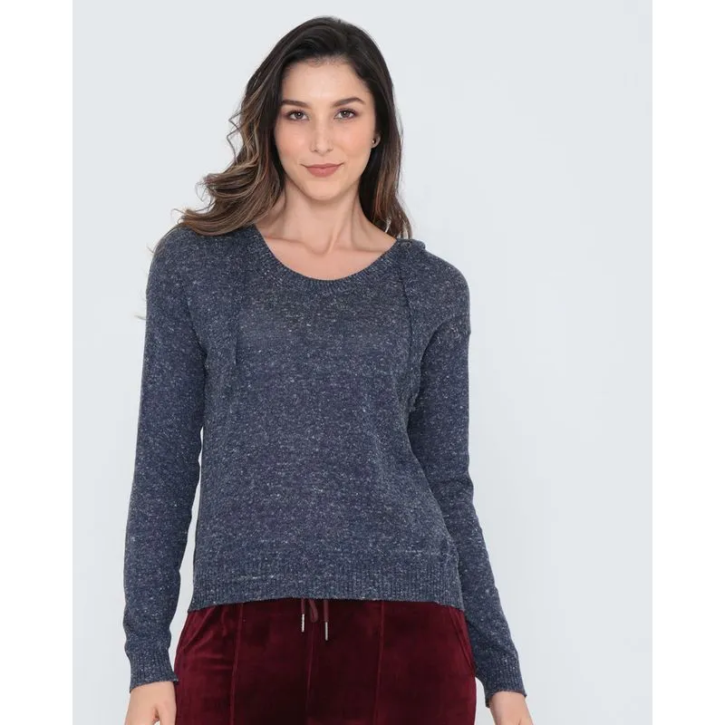 Suéter Feminino Com Capuz Tricô Azul Marinho M