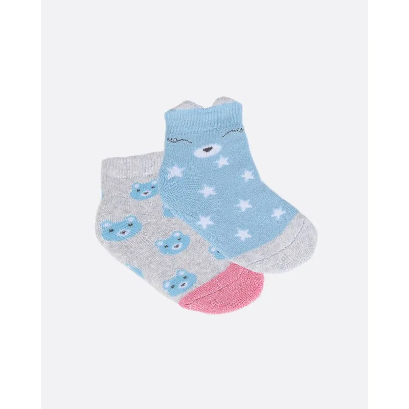 Kit 2 Pares de Meia Bebê Ursinho Cinza e Azul 6 A 12