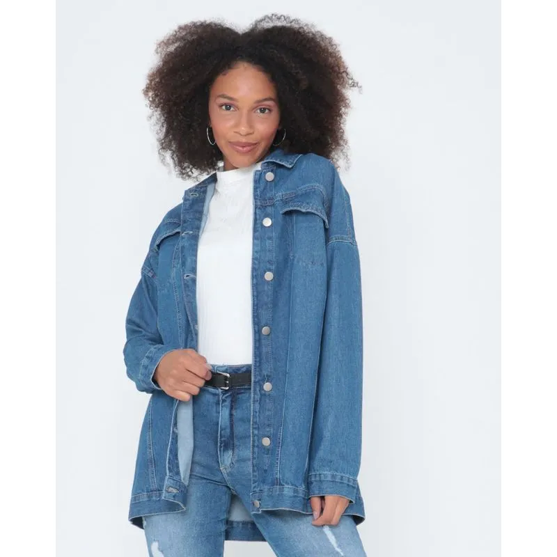 Jaqueta Jeans Feminina Alongada Com Cinto Azul M
