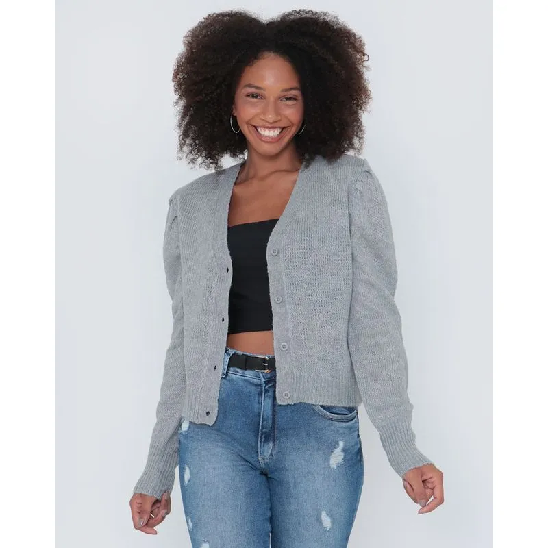 Cardigan Feminino De Tricô Liso Cinza Claro P
