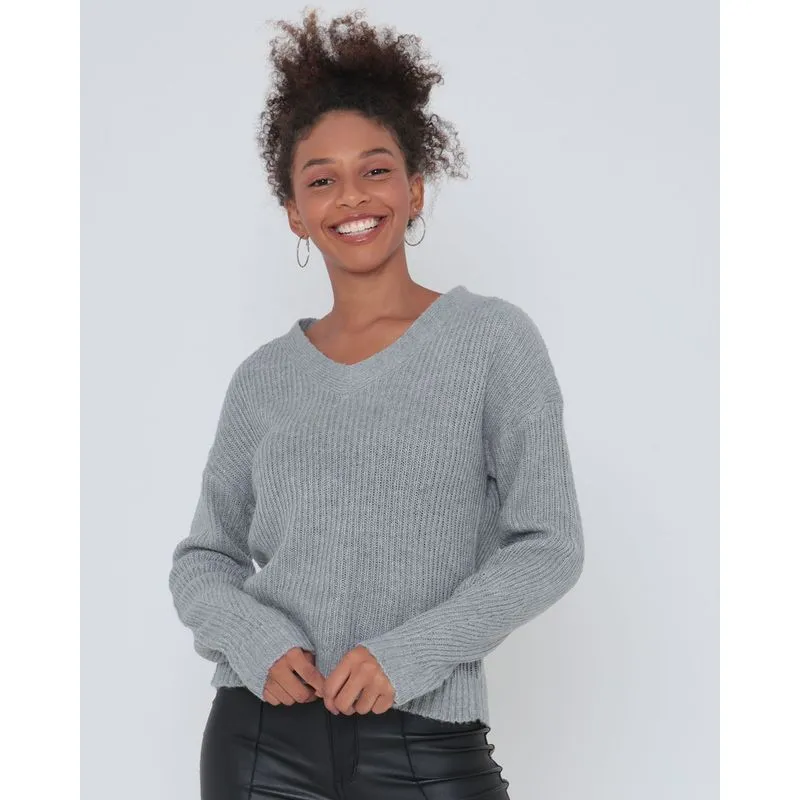 Suéter Feminino De Tricô Liso Cinza Claro GG