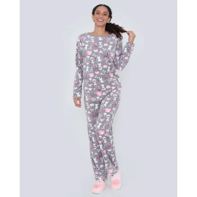 Pijama Longo Soft Estampa Bichos Cinza GG