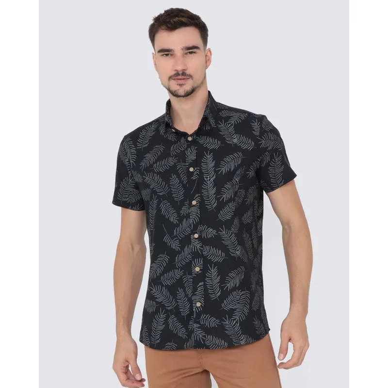 Camisa Masculina Manga Curta Slim Folhas Preta M