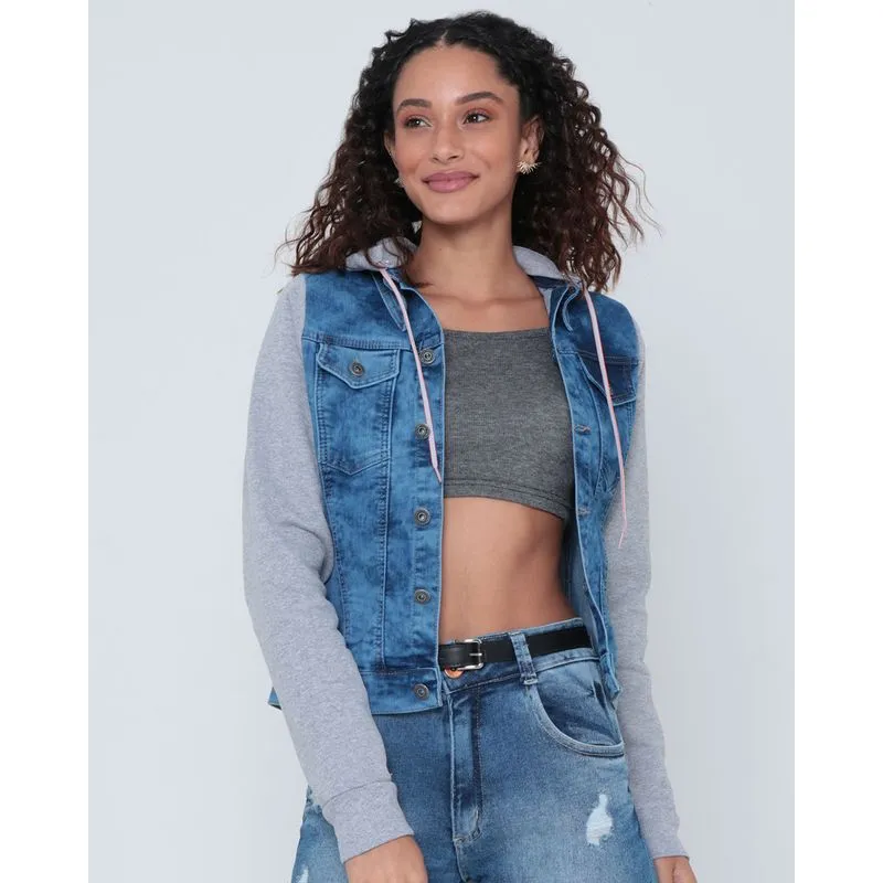 Jaqueta Feminina Moletom e Jeans Com Capuz Azul GG