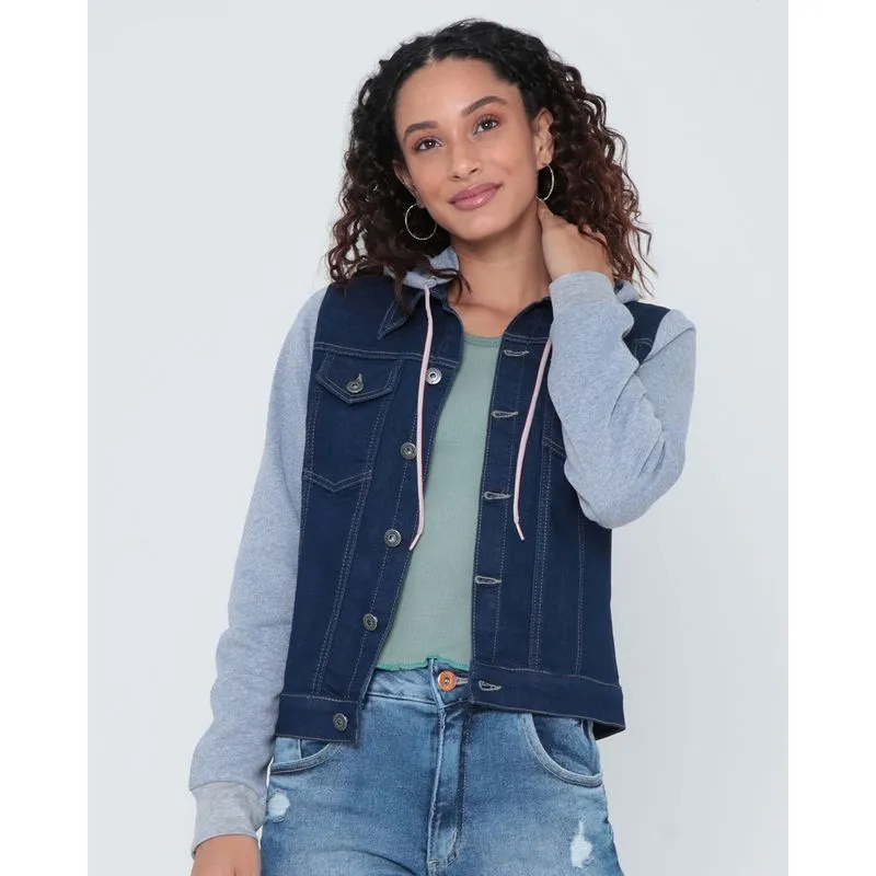 Jaqueta Feminina Com Capuz Moletom e Jeans Azul Escuro P