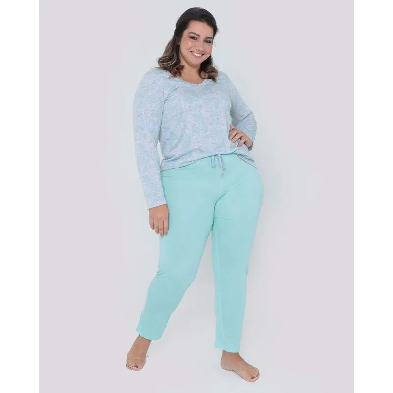 Pijama Longo Plus Size Estampa Paisley Cinza G2