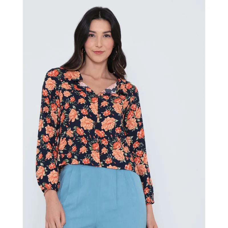 Camisa Feminina Mullet Floral Azul Marinho M