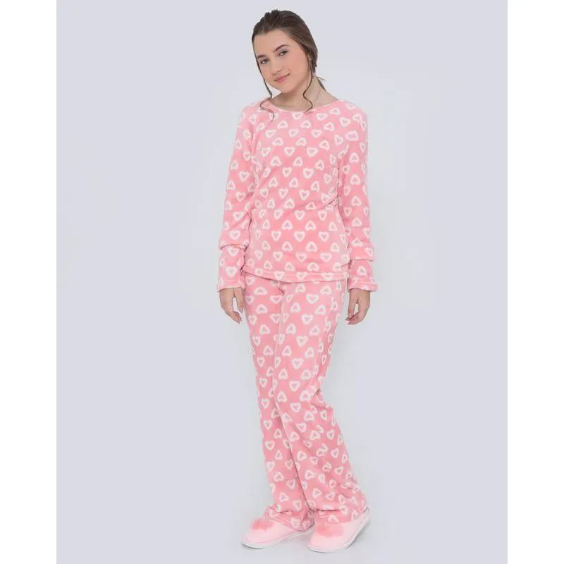 Pijama Juvenil Pelúcia Corações Rosa Claro 16