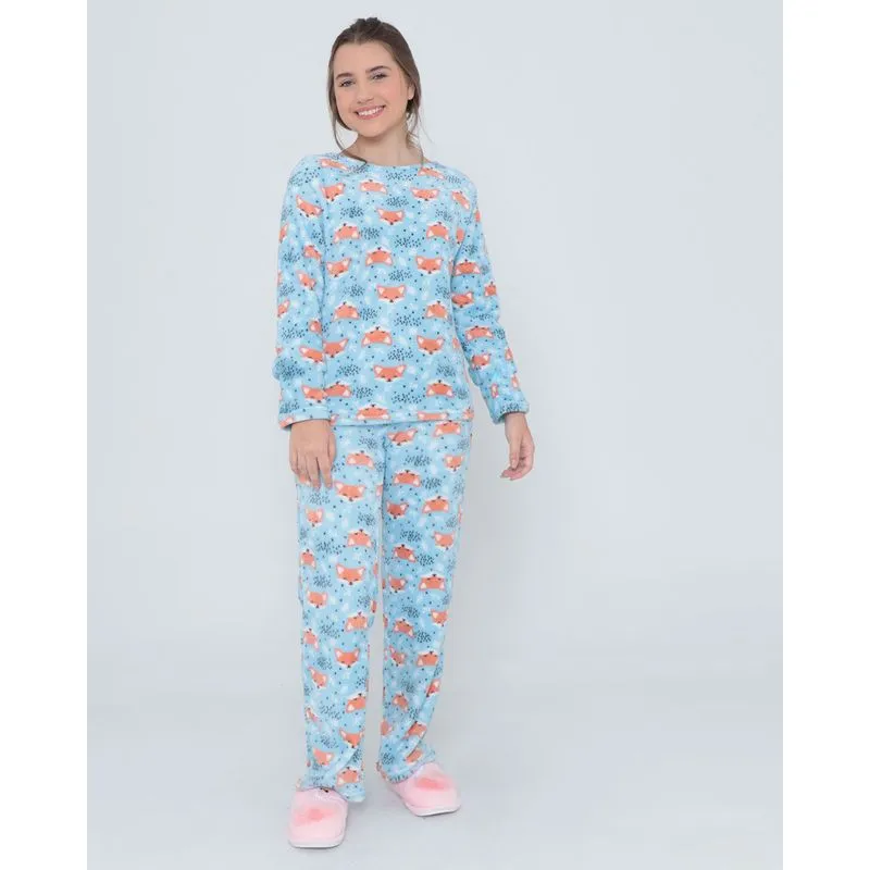 Pijama Juvenil Longo Plush Raposas Azul 14