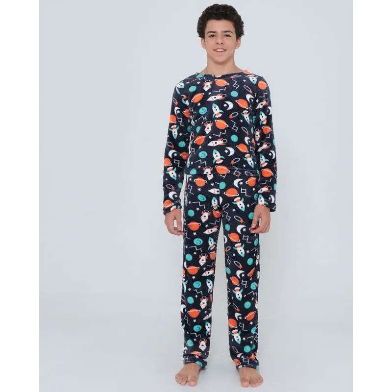 Pijama Juvenil Pelúcia Estampa Espaço Azul Marinho 14