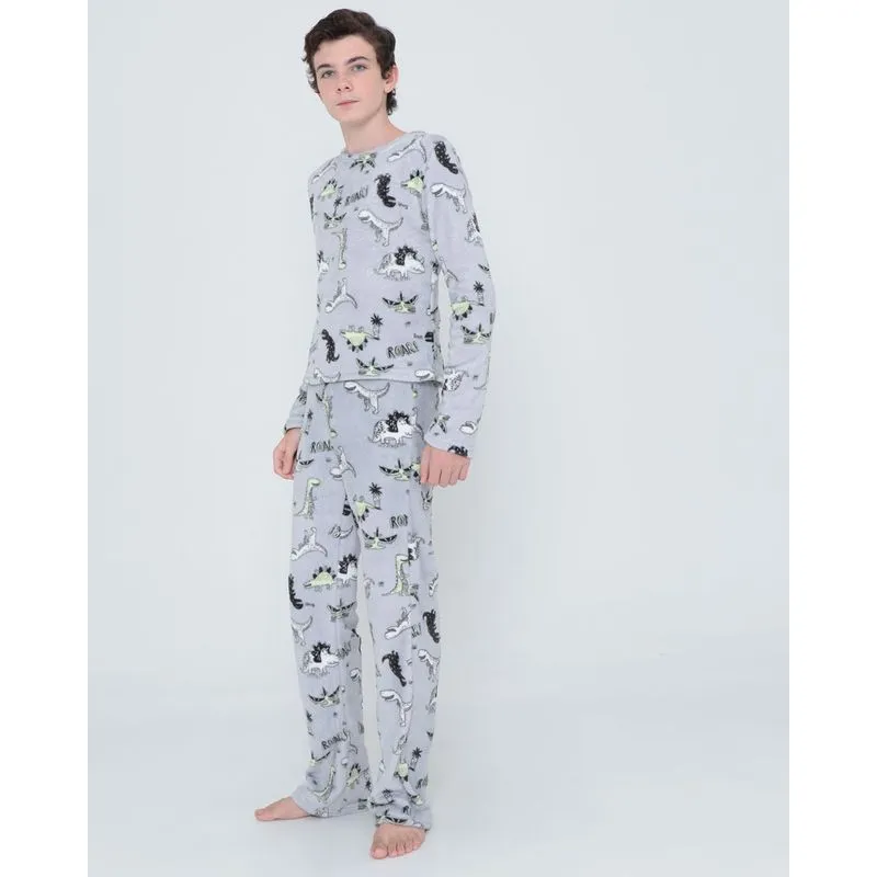 Pijama Juvenil Pelúcia Dinossauros Cinza Claro 16