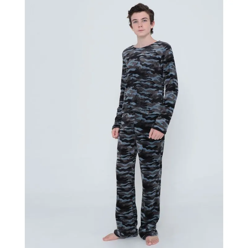 Pijama Juvenil Pelúcia Camuflado Cinza Escuro 12