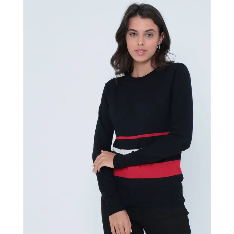 Suéter Feminino De Tricô Listrado Azul Marinho G