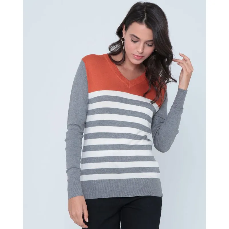 Suéter Feminino De Tricô Listrado Marrom GG