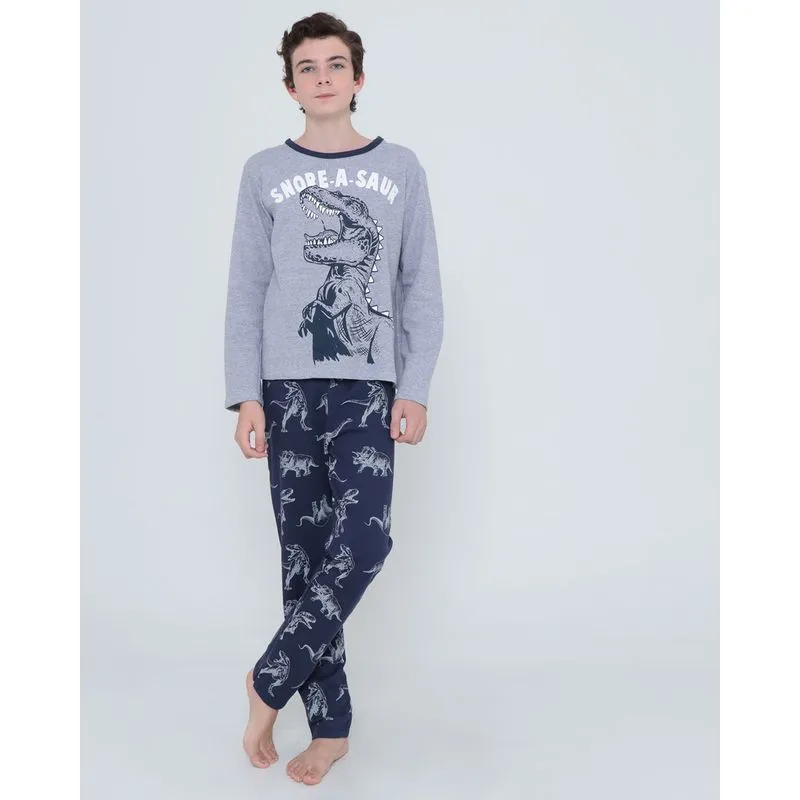 Pijama Juvenil Longo Dinossauro Mescla Cinza 10