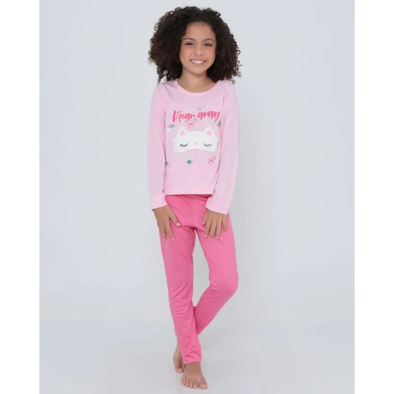Pijama Infantil Longo Gatinho Rosa Claro 6