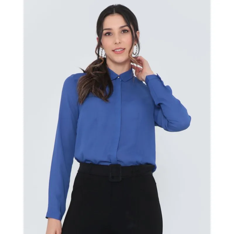 Camisa Feminina Crepe Lisa Azul GG