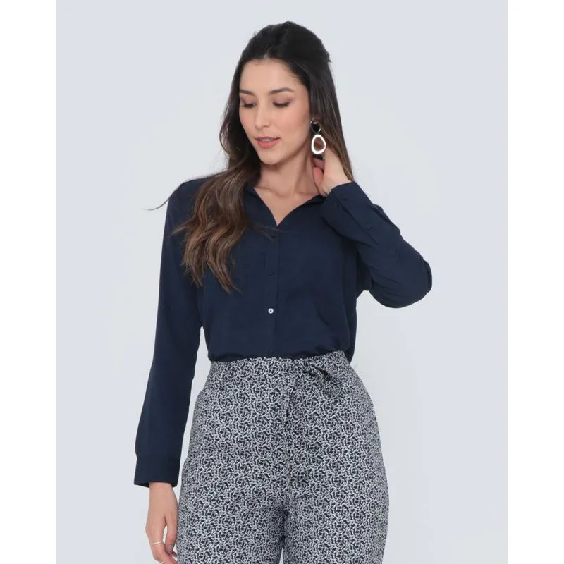 Camisa Feminina Crepe Lisa Azul Marinho M
