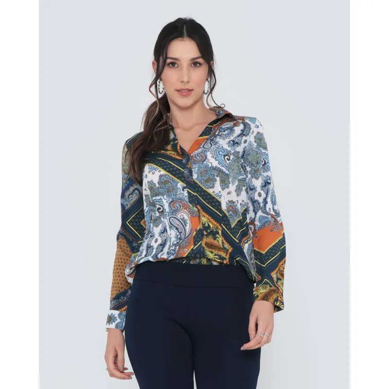 Camisa Feminina Crepe Estampa Lenço Azul Marinho PP