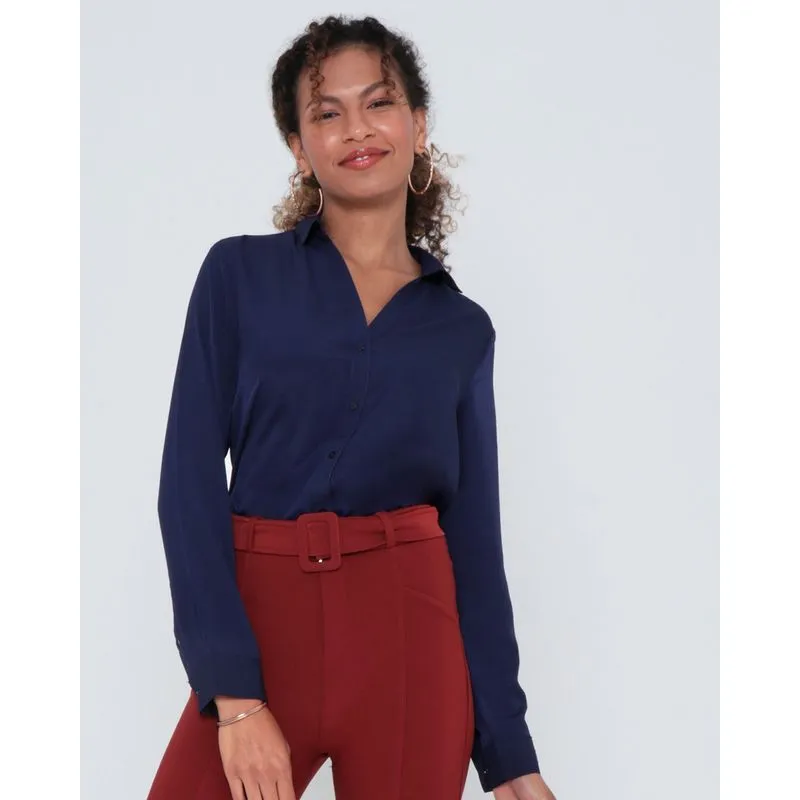 Camisa Feminina Lisa Crepe Azul Marinho M