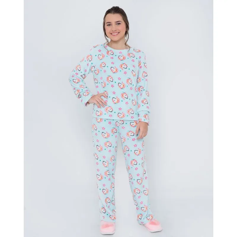 Pijama Juvenil Pelúcia Unicórnios Azul Claro 12