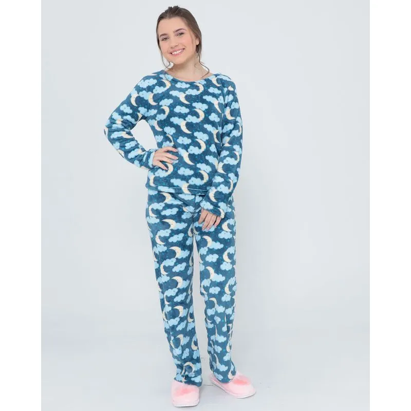 Pijama Juvenil Pelúcia Nuvens Azul Marinho 16
