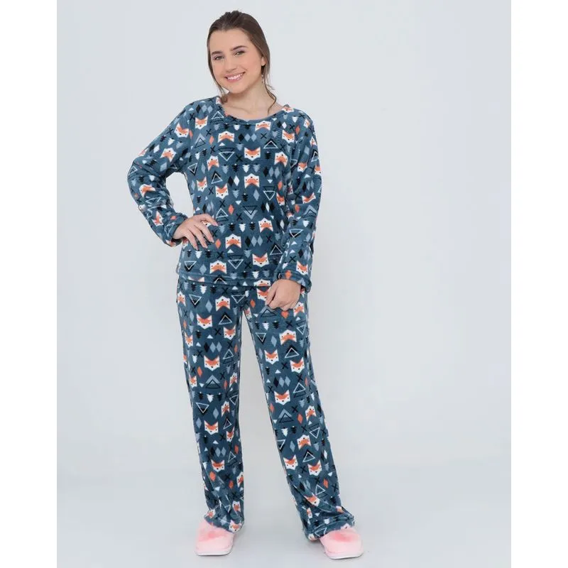 Pijama Juvenil Pelúcia Raposas Azul 12