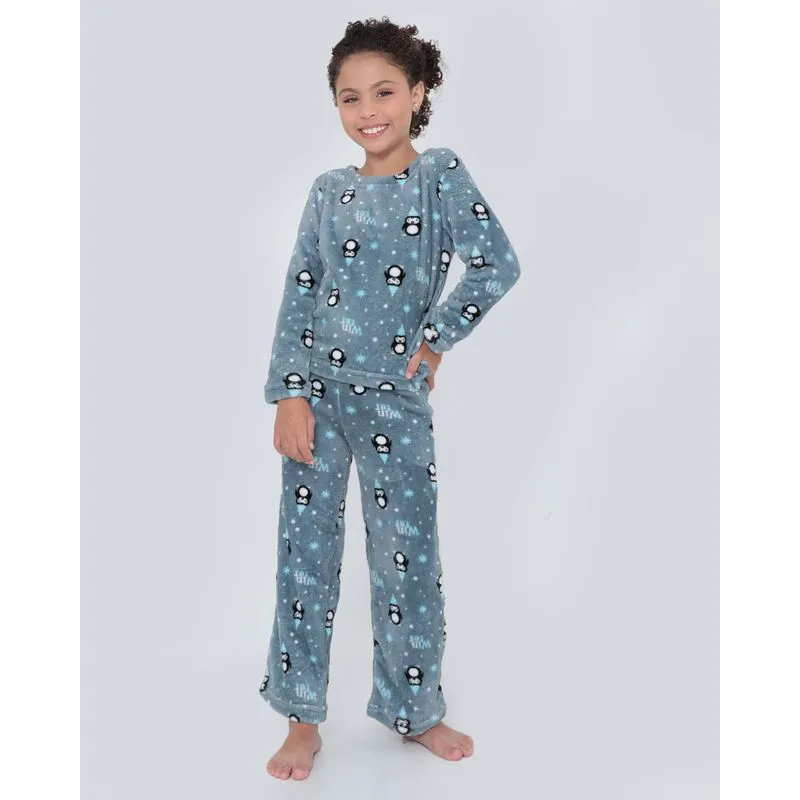 Pijama Infantil Longo Plush Estampa Pinguim Cinza 10