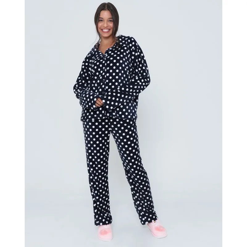 Pijama Longo Soft Estampa Poá Azul Marinho G